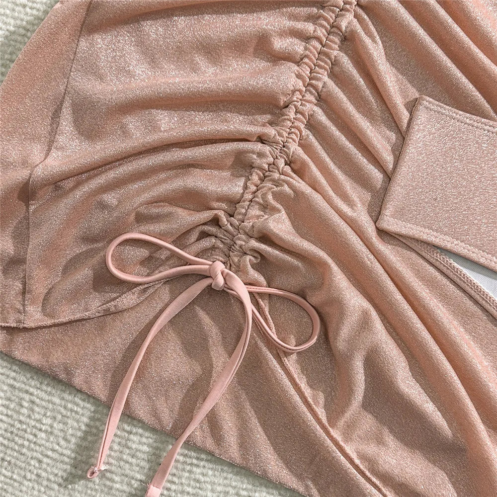 Shiny Pink String Halter Triangle 3 Piece High Waisted Bikini Set Swimwear Skirt Cover Up Rhinestone Chaining Swimsuit Beachwear