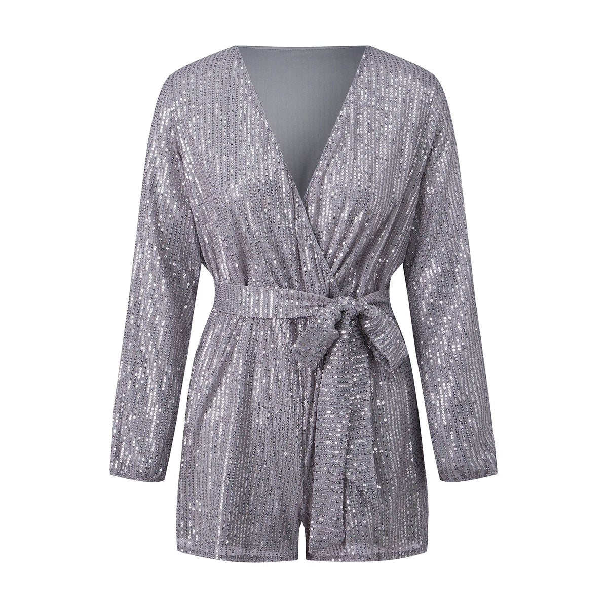 Women Summer Fall Sequin Shorts Jumpsuit Trendy Sparkly V Neck Long Sleeve Romper with Belt for Party Club