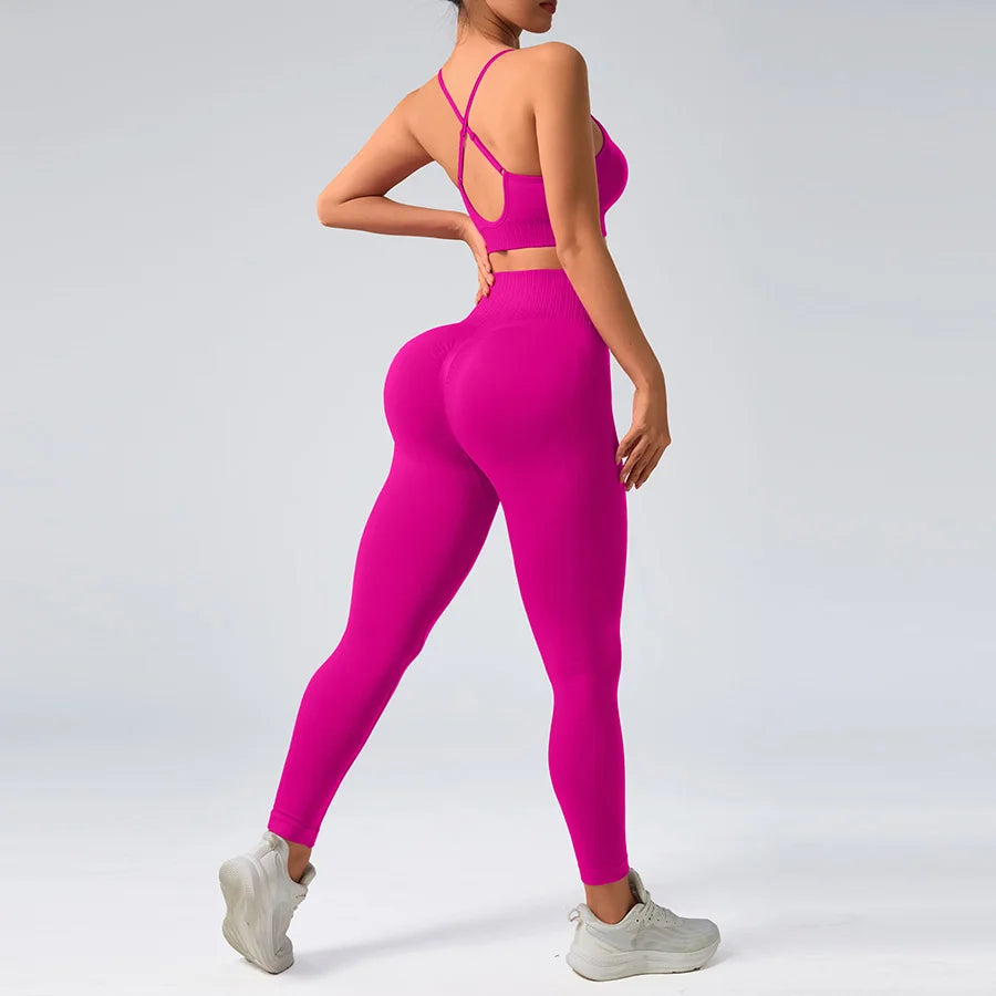 2 pcs/set Seamless Tight Pants Set Rose Red Tank Top Outfit Women's Clothing BreathableTrousersAthleisure Fitness Pants