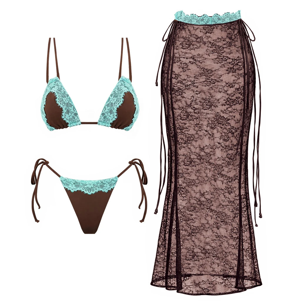 New 3Pcs Crochet Bikini Women Swimsuit Sexy Swimwear Halter Biquini Push Up Swim Suit Strappy Bodysuit Female Bathsuit Beachwear