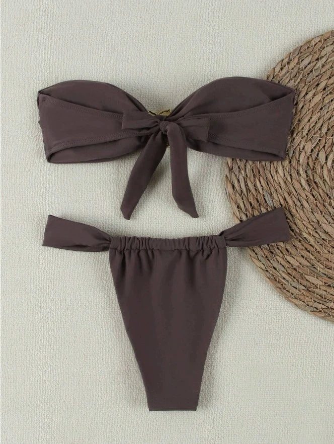 DEKA Tube Top Bikini Set Split Solid Color Swimwear Halter Neck Metal Accessories Swimsuit