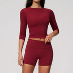 Yoga Sets Women Half Sleeve O Neck Slim Sports T Shirts High Waist Short Fitness Suit Outdoor Gym Running Workout Tracksuit