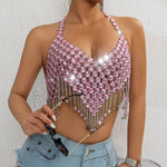 Vest Pink Rhinestone Crystal Chain Halter Crop Top For Women Sparkly Mesh Bralette With Star Tassel Fringe Sexy Party Clubwear