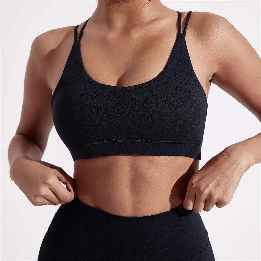 Solid Color High Strength Shockproof Women Fitness Sport Bra Top Soft Tight Cross-Training Jogging Yoga Underwear With Chest Pad