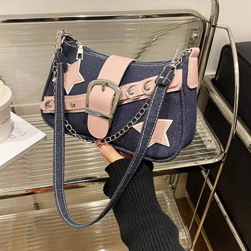Fashion Women's Handbags Denim Stars Pattern Cool Girls Underarm Bag Female Small Shoulder Hobo Bags Chain Tote Bag