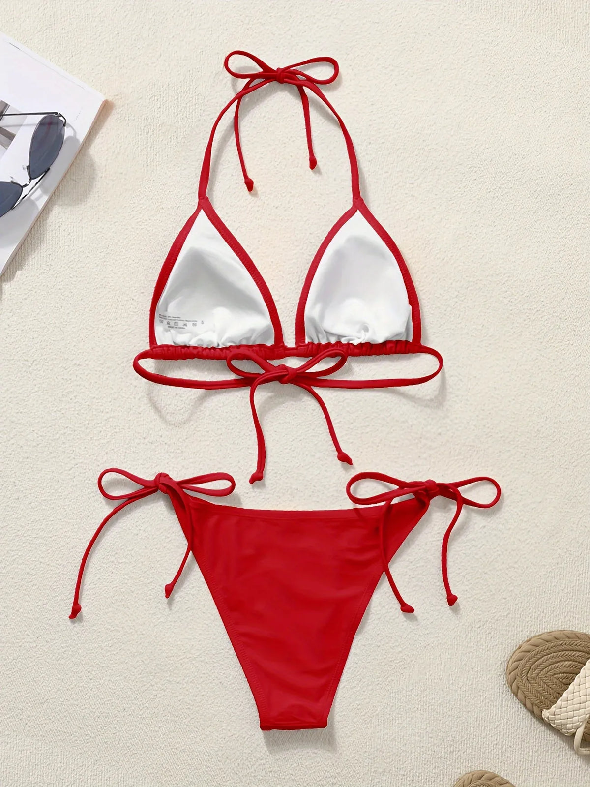 Women Bikini Set Solid Color Triangle Halter Neck Tie Side Two Piece Swimsuit Adjustable String Swimwear for Beach Vacation