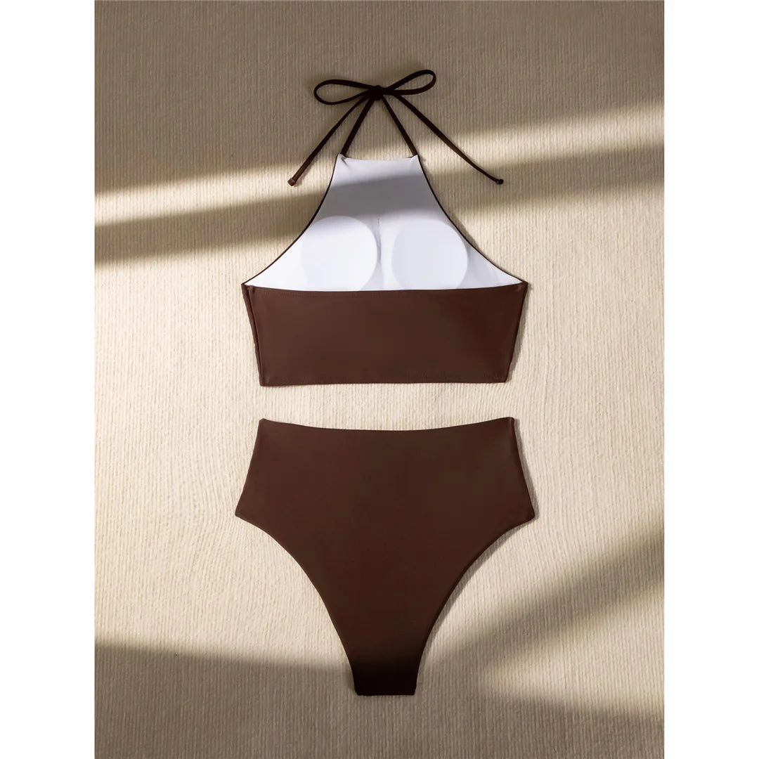 Halter Wrinkled High Neck Female Swimsuit High Waist Bikini Women Swimwear Two-pieces Bikini set Bather Bathing Suit Swim K5616