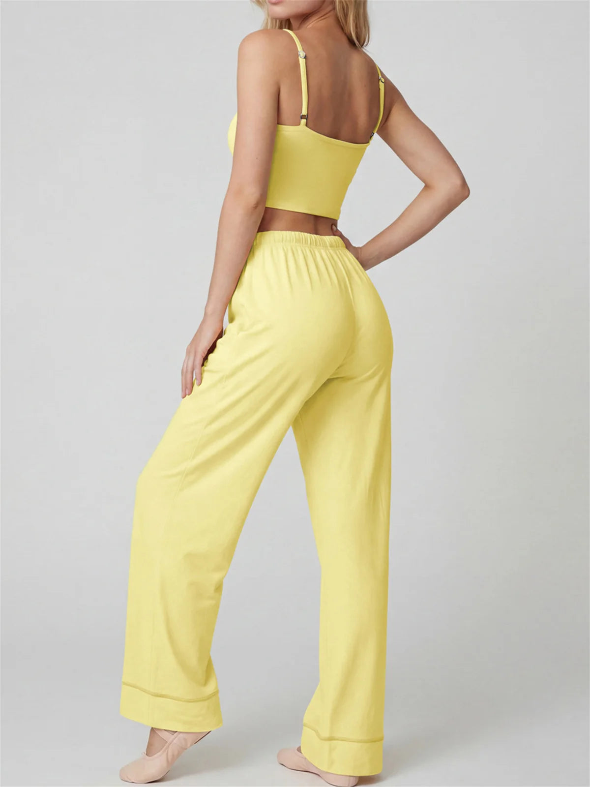 Women's Yoga Sets Yellow Patchwork Slimming Sports Tank Top Summer Gym Training Suit High Waist Wide Leg Pants Fitness Outfits