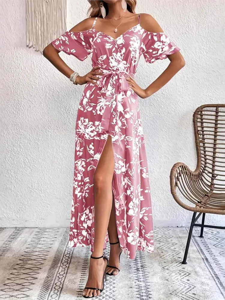 New Summer Women Print Dress 2025 Fashion ElegantVacation Party Short Sleeve Slim V-neck Slit Long Dresses Vestidos Para Mujer