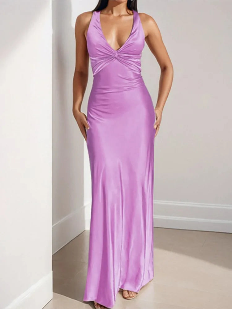 Sexy Elegant Party Long Dress Fashion Summer Solid Color V-Neck Halter Neck 2025 Backless Vestidos Sleeveless Beach Maxi Dresses