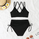 Women's Two Piece Swimsuit Black Double Strap Push Up Pleate Drawstring Side High Waist Bikini 2025 Beach Bathing Suit Swimwear
