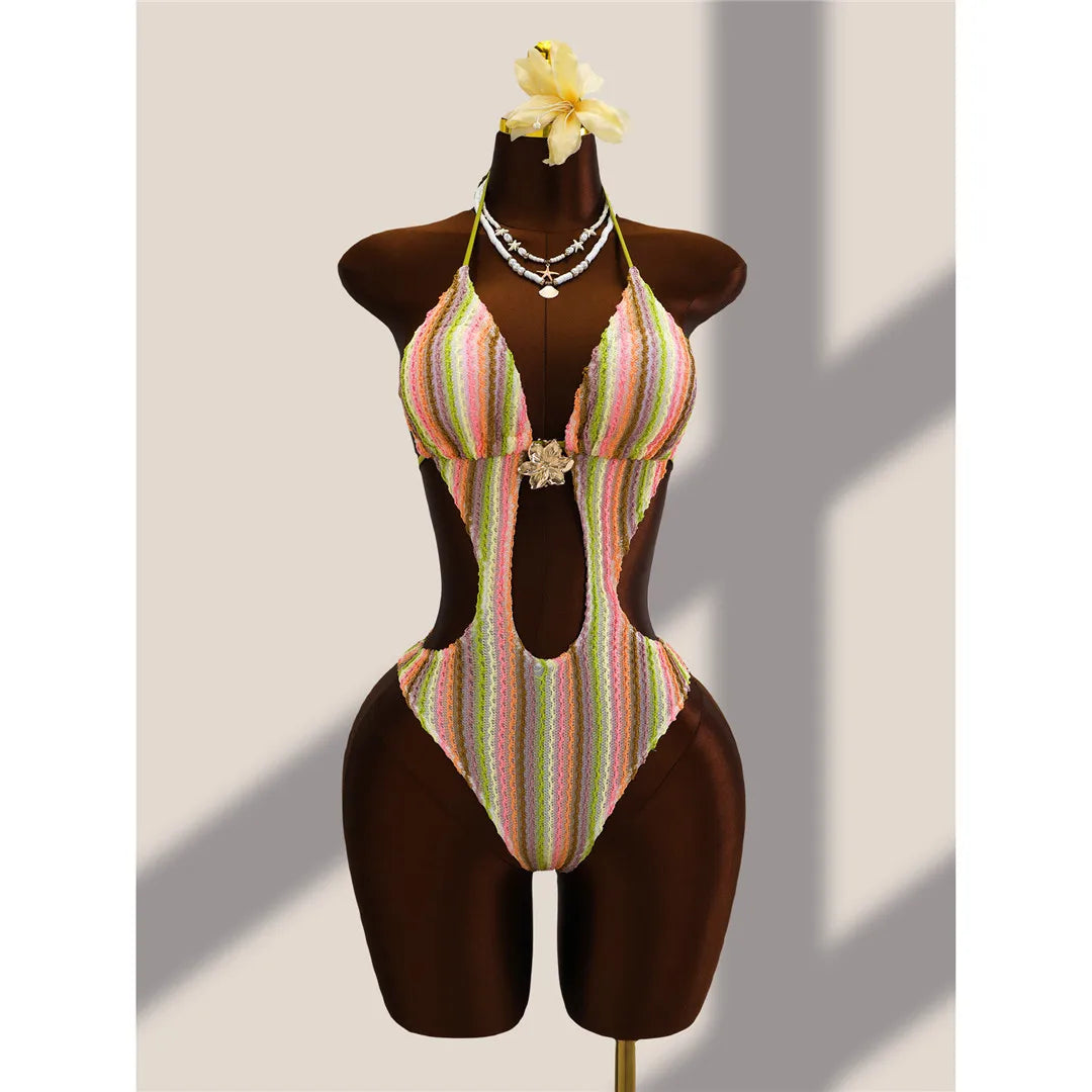 Striped Colorful Halter Cut Out One Piece Swimsuit Women Swimwear Female Monokini High Leg Cut Bather Bathing Suit Swim V8304