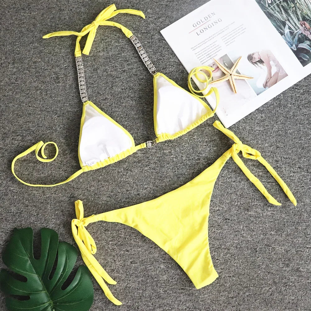 Luxury Rhinestone Bikini Women 2025 Sexy Orange Yellow Crystal Diamond Push Up Thong Swimsuit Beach Bathing Suit Tanga Swimwear