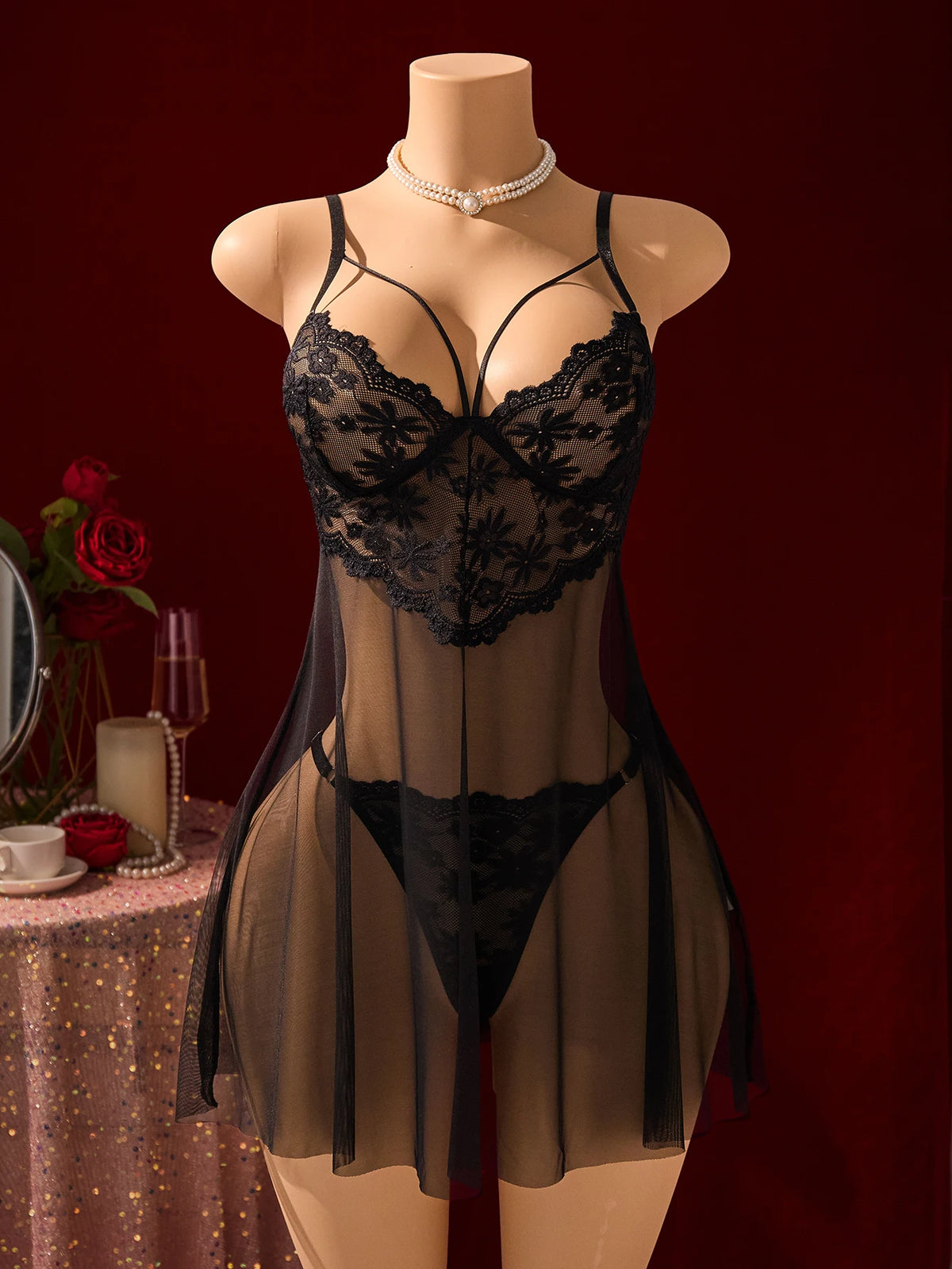 Black Sexy Women's Underwear: Laceless Panties with Cutouts, Sexy Halter Dresses, Female Erotic Wear, Naughty Pajamas ZA825096
