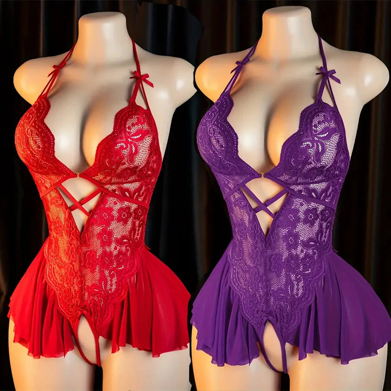 Transparent RedWomen Open Bodysuit Crotchless Sexy Temptation Adult Erotic Lingerie Teddy Body Suit Pajamas V-neck Hot Underwear