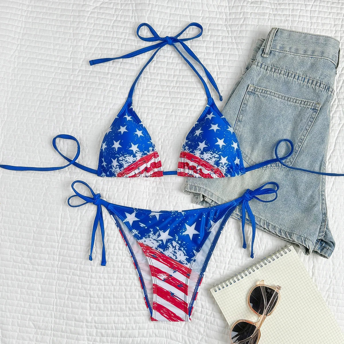 Women's Sexy American Flag Print Halter-Tie Bikini Swimsuit Set — Sporty Style