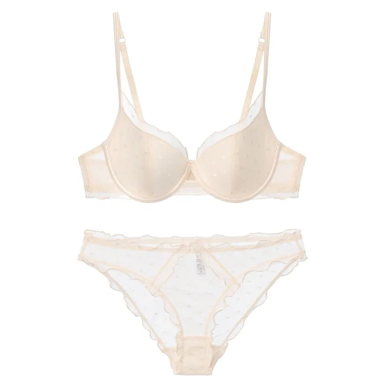 French Lace Women Underwear Sexy Hollow Thin Cup Push Up Bra Fashion Ladies Romantic Lingerie 4 Color Bras With Mesh Panties Set