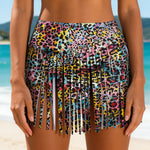 Women Leopard Print Swim Skirt Shorts Tassel Fringe High Waist Bikini Bottom For Beach Party Summer Vacation Pool Bathing Suits