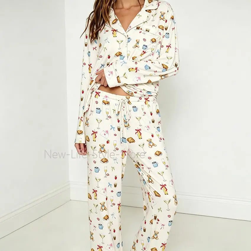 Women Autumn Winter Milk Silk Knit Pajama Set Lapel Open Front Printed Top Straight Pants European Style Ladies Sleepwear