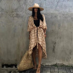 2024 New Summer Sexy Beach Kimono Swimwear Cotton Cover Up Swimsuit Women Print Bikini Cover Up Beachwear Dress Robe