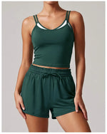 Women's New Summer Yoga Sets Color Blocked Double Strap Workout Tank Top Fitness Suit Drawstring High Waist Short Sport Set