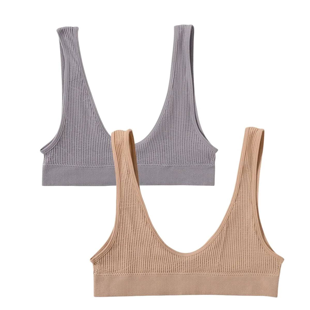 2Pcs/Set Women Non-wire Bra Crop Top Seamless Underwear Female Plunge Bra Tops Ribbed Sexy Lingerie Sports Intimates
