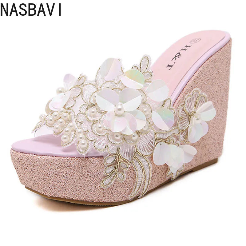 New Summer Flower Decoration Platform Wedges Sandals Women Fashion Silver High Heels Female Summer Gold Shoes Size 34-40