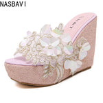 New Summer Flower Decoration Platform Wedges Sandals Women Fashion Silver High Heels Female Summer Gold Shoes Size 34-40