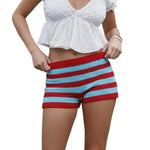 Women Spring Summer Fashion Low Waist Mini Shorts Holiday Beach Knit Shorts Stripes Print Stretchy Shorts
