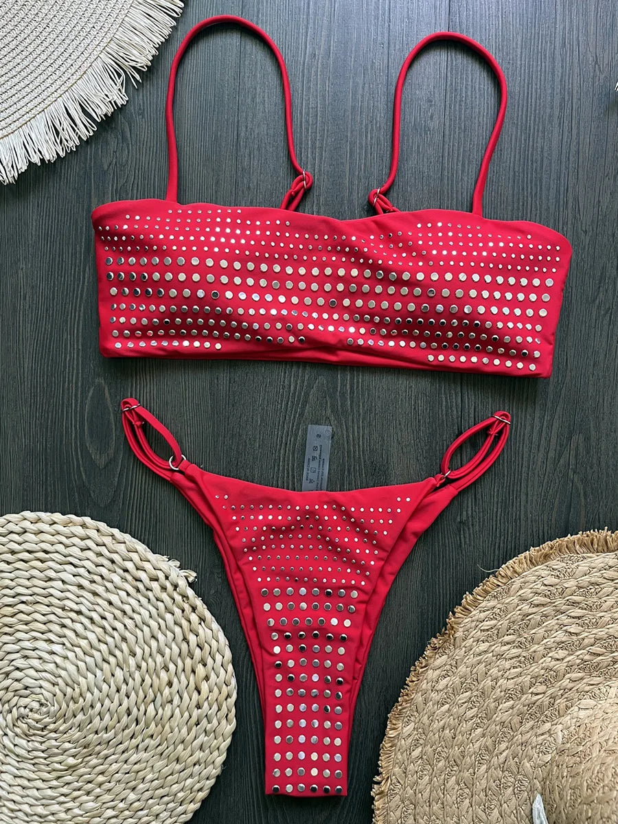 2026 Shiny Sequins Bandeau Bikini Women Swimwear Female Swimsuit Two-pieces Bikini Set Bather Bathing Suit Swim Lady Beachwear