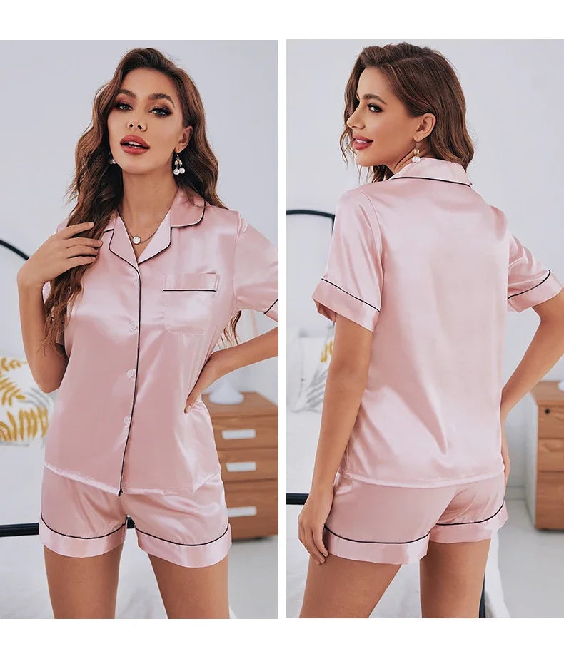 Summer Silk Satin Pajamas Set Women Sleepwear Button-Down Short Sleeve Tops and Shorts Two-piece Pijama Sets Loungewear