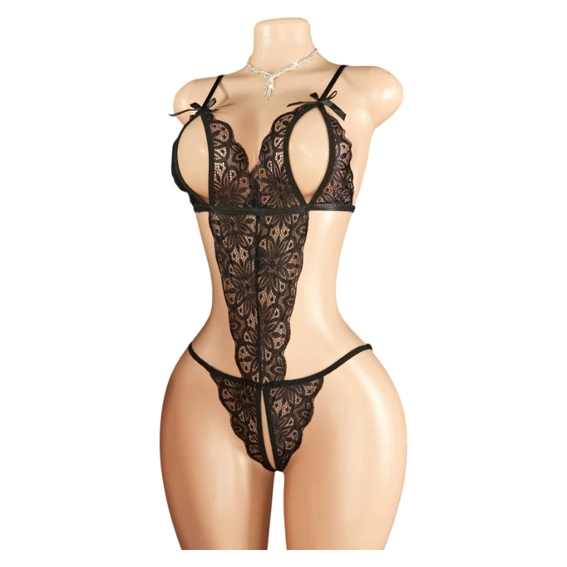 Sexy Red Crotchless Lingerie Open Back Bras BodySuits Transparent Erotic Costumes Deep VSexy Lace Fishnet Hollow Underwear Set