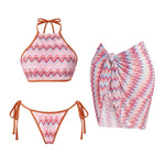 3Pcs Striped Bikini 2026 Bandeau Biquini Women Sexy Swimsuit Push Up Swimwear Female Mesh Pants Bathing Suit Cover Up Beachwear