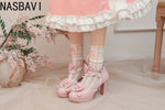 Women Girls Mary Janes 9cm High Heel Ankle Strap Pumps Sweet Chunky Buckle Princess White Sandals New Summer Large Size 33-48