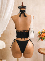 Sexy Black Plaid Print Holiday Bikinis Sets 2026 Women Bandage Cross Fishbone Top 3 Piece Swimsuit Summer Bathing Suit Swimwear