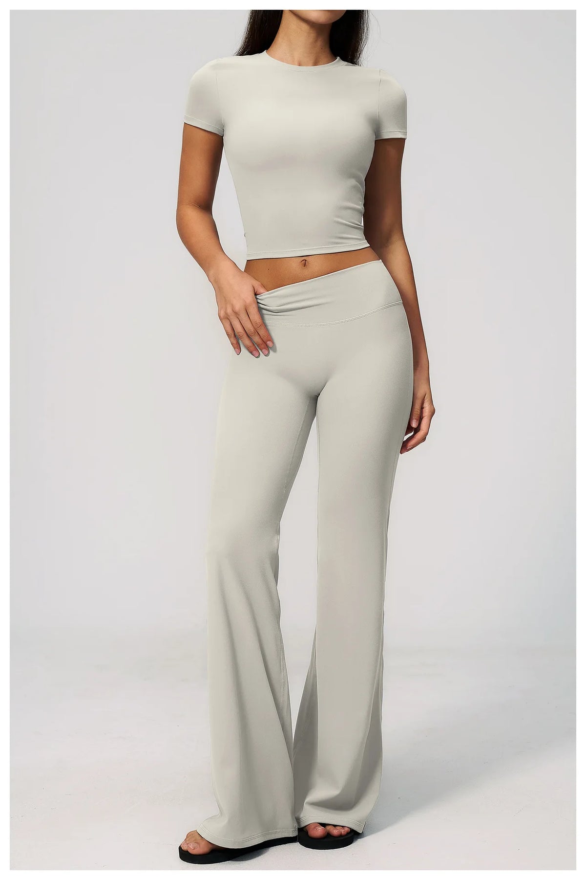 Creamy 2 Pieces Workout Suit Women Yoga Outfits Short Sleeve O Neck Slim Sports T Shirts High Waist Flare Pants Gym Fitness Sets