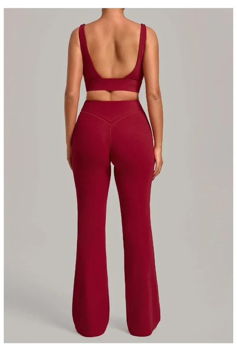 Women's Seamless Yoga Sets Sports Fitness Hip-lifting High Waist Flared Pants Backless Bra Suits Training WorkoutLeggings Sets