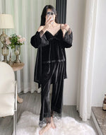 Gold velvet three-piece pajamas set, autumn and winter lace nightgown, sexy home wear with chest pad