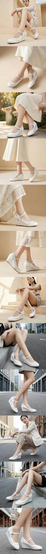 2026 Small Big Size 32-48 Vintage Green 7cm High Heels Wedges Pumps White Red Comfy Walk Summer Mary Janes Brogue Shoes Women
