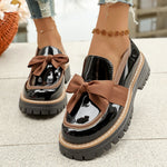 Women Patent Bow Platform Loafers Round‑Toe Slip‑On Lug‑Sole PU Leather Contrast Trim Vintage Casual Daily Shoes