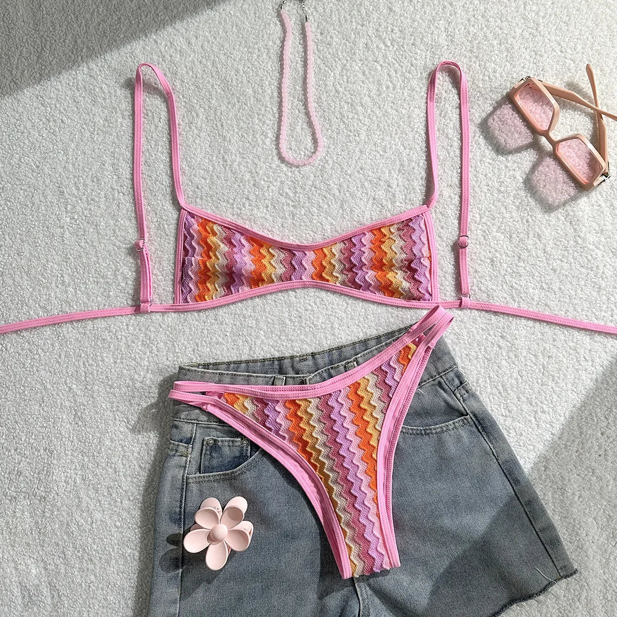Crochet Striped Brazilian Bikini Women Swimsuit Female Swimwear Two-pieces Bikini Set High Leg Cut Bather Bathing Suit Swim Lady