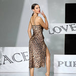 Women Sexy Leopard Print Slip Nightdress Removable Padded Drawstring High Slit Midi Nightgown Loungewear