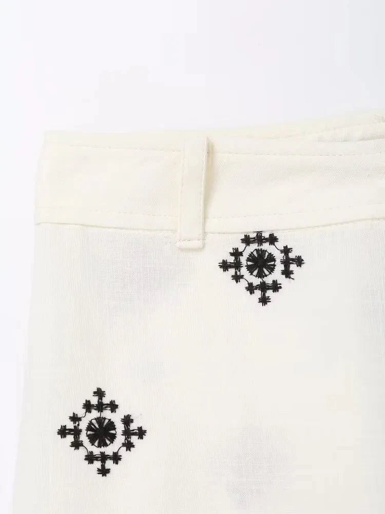 Foridol Geometric Embroidery Wide Leg Spring Summer Women Beige Long Pants Zip Fashion Trousers Pantalones De Mujer Autumn Pants