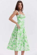 Sexy Low Cut Spaghetti Strap Maxi Dresses For Women Color Flower Printed Chest Wrap Bowknot Leace-up Long Dress Elegant Vestidos