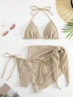 Sexy Mesh Skirt 3 Piece Swimsuit Women Solid Beige Hole Out Push Up Triangle Bikini 2025 Beach Bathing Suit Cover Up Swimwear