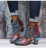 Ankle Boots Women Autumn PU Women's Shoes Ethnic Waterproof Casual Vintage Shoes Zipper High Heel Short Boots Botas Mujer