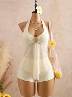 Sexy Beige Two Piece Bikini Set 2026 Women Metal Sun Ornament Mesh Tank Top High Waist Swimsuit Holiday Bathing Suit Swimwear