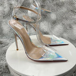 Clear PVC Patchwork SandalsNewest Transparent Straps Stiletto Heel Sandals Sexy Laser silver High Heels Wedding Shoes12cm