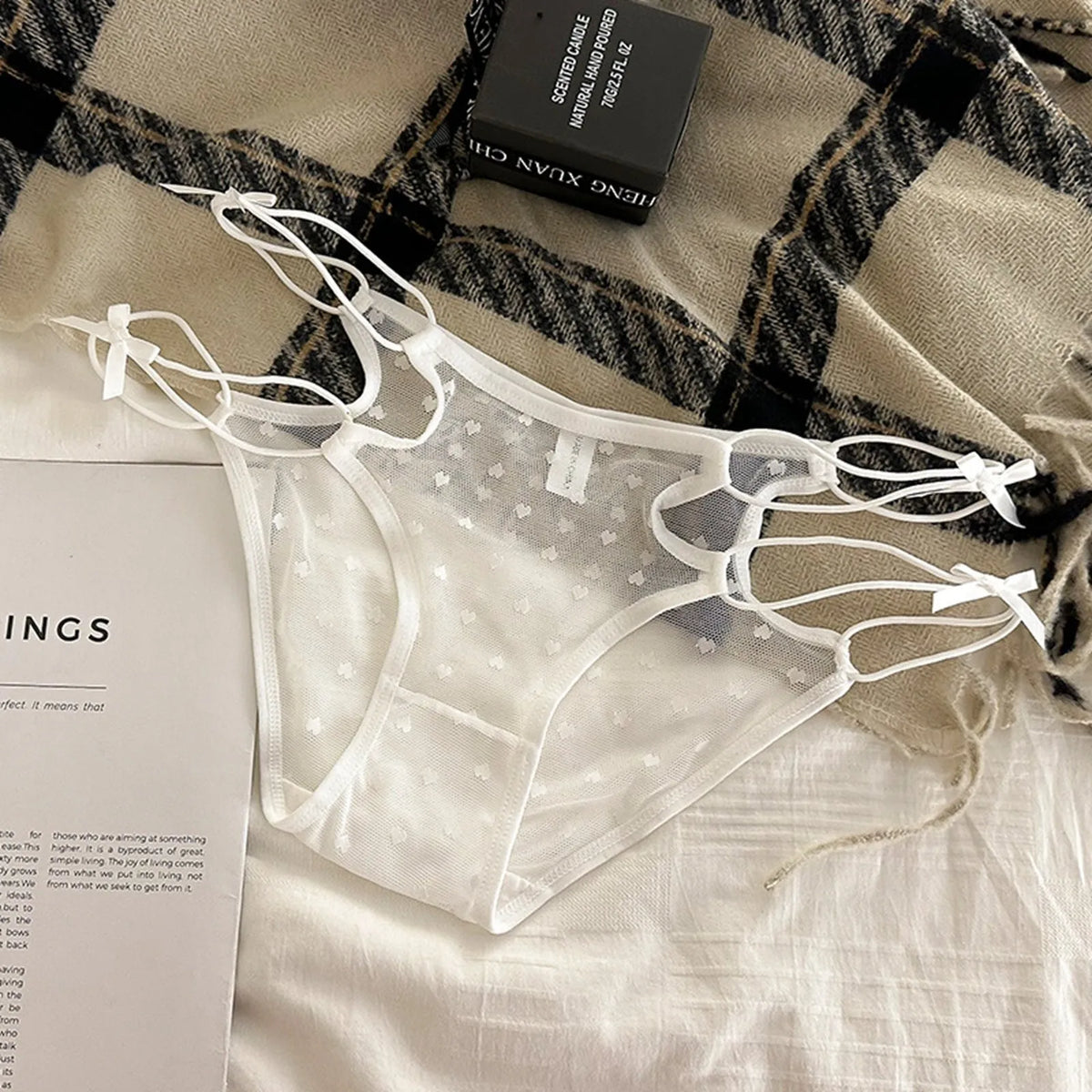 2026 Womens Briefs Sexy Love Mesh Transparent Low Waist Triangle Pants Thin Bow Knot Hollow Breathable Thongs Ruffled Panties