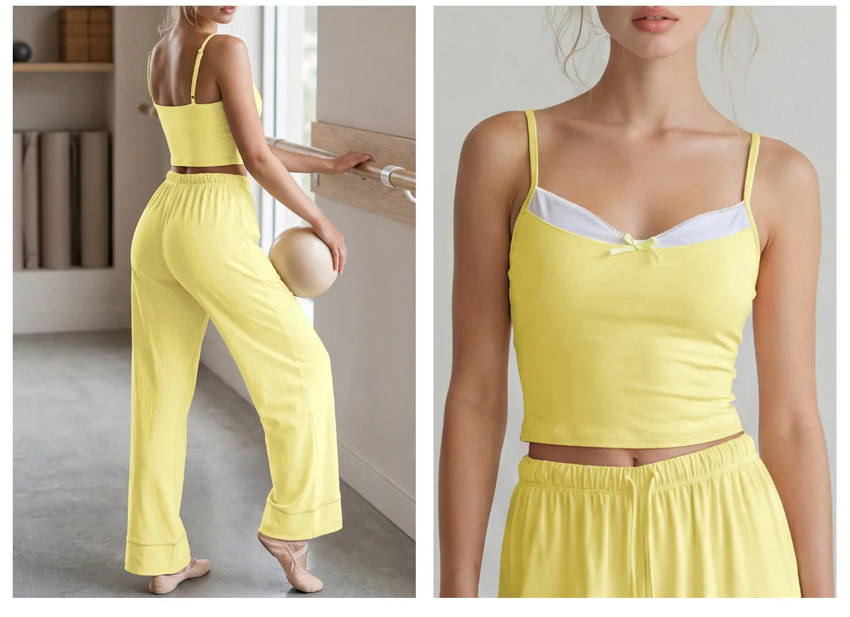 Women's Yoga Sets Yellow Patchwork Slimming Sports Tank Top Summer Gym Training Suit High Waist Wide Leg Pants Fitness Outfits